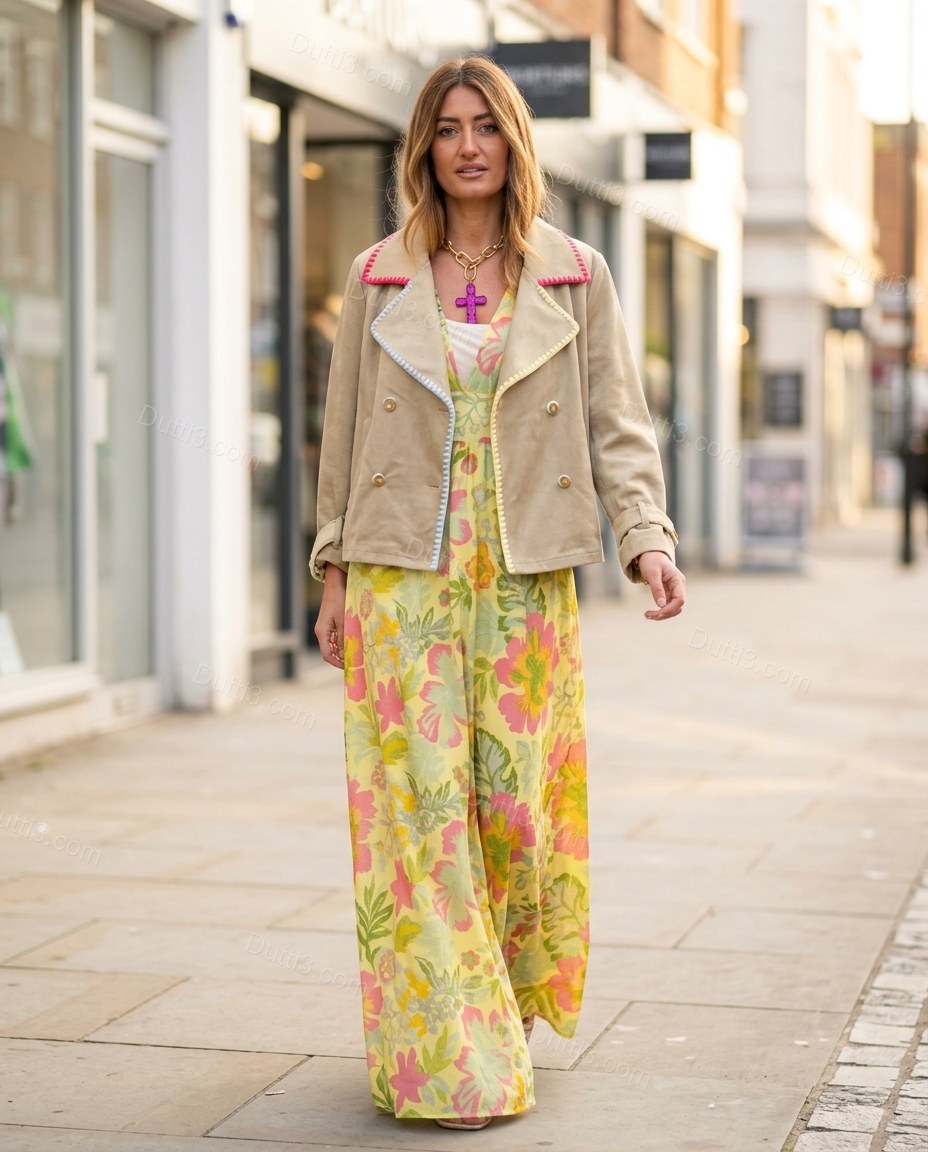 Light Tan Floral Tiered Jacket, movement and fit lifestyle view, by Dutti3