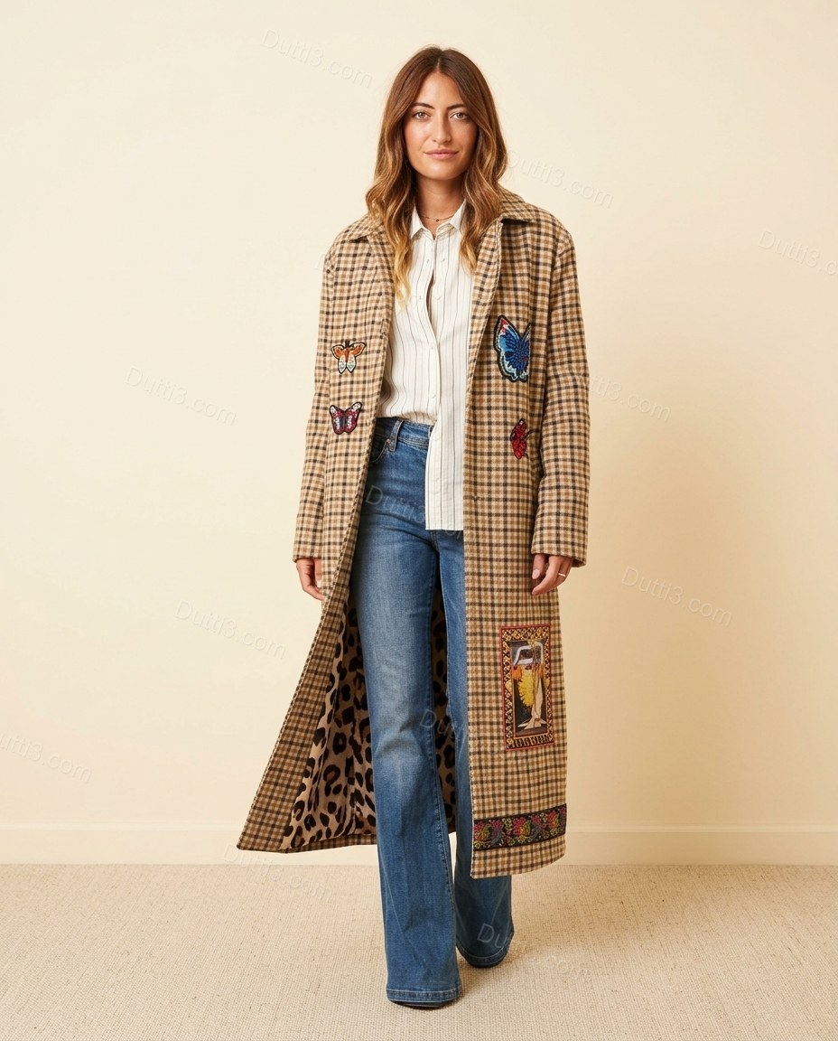 Brown Plaid Embroidered Coat, full-length hero view, by Dutti3