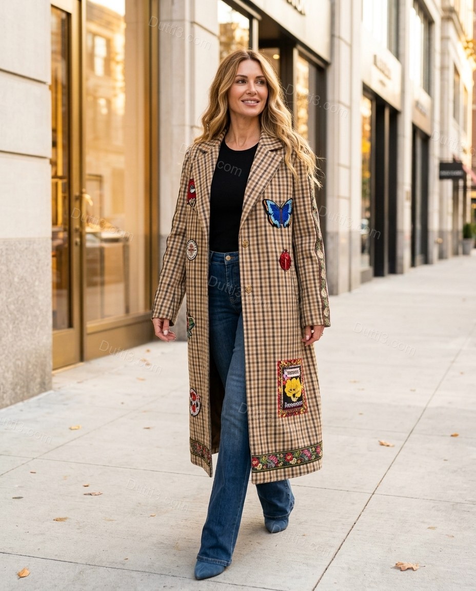 Brown Plaid Embroidered Coat, walking lifestyle view, by Dutti3