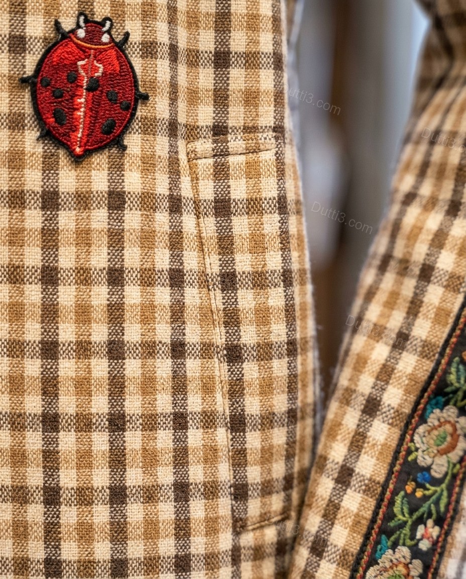 Brown Plaid Embroidered Coat, close-up of plaid, by Dutti3