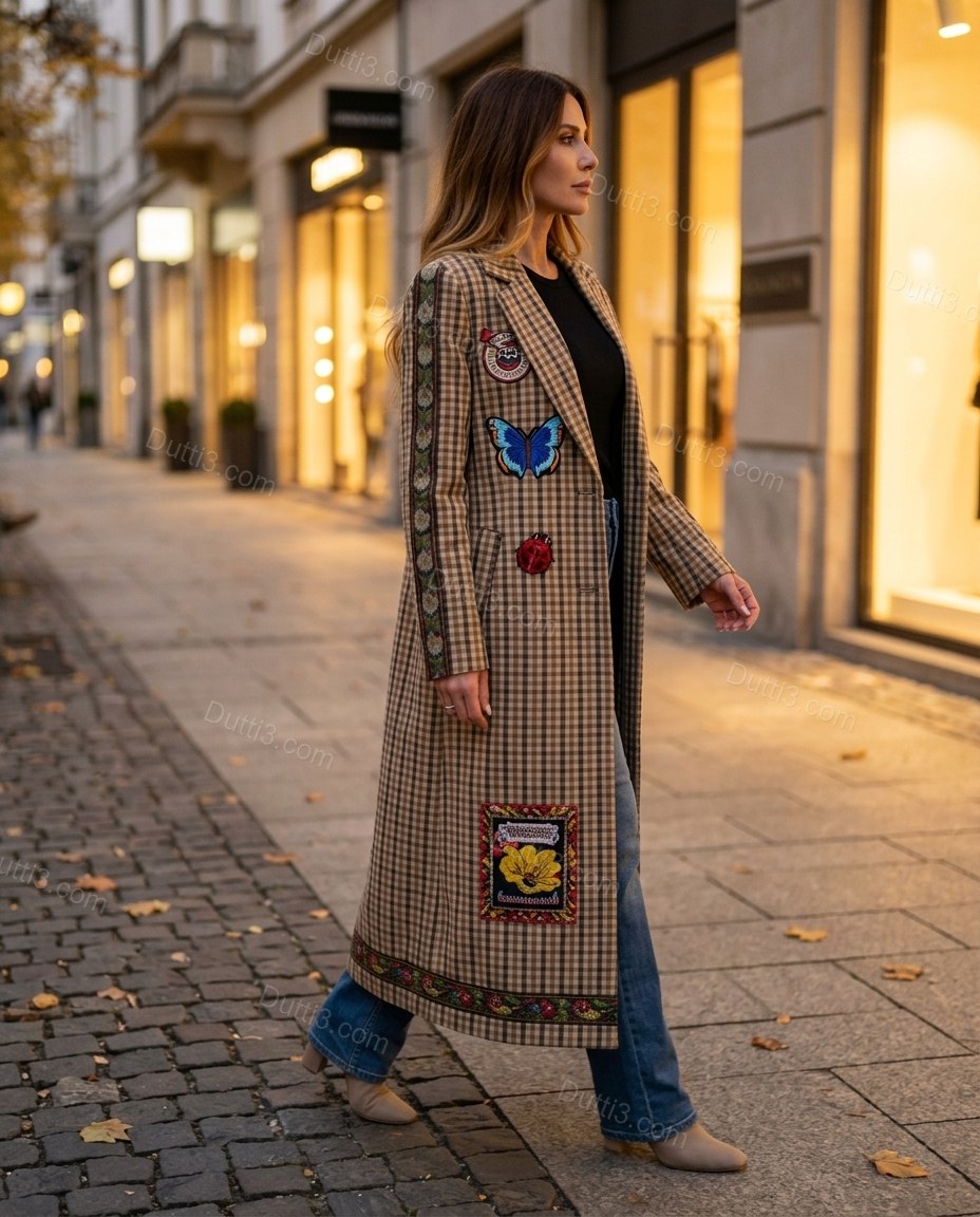 Brown Plaid Embroidered Coat, three-quarter brand lifestyle view, by Dutti3