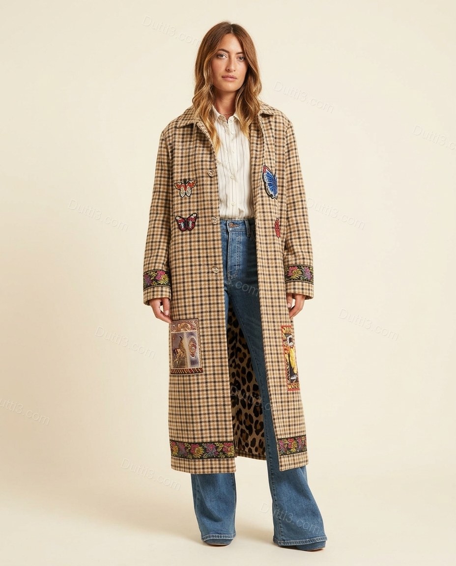 Brown Plaid Embroidered Coat, front studio view, by Dutti3