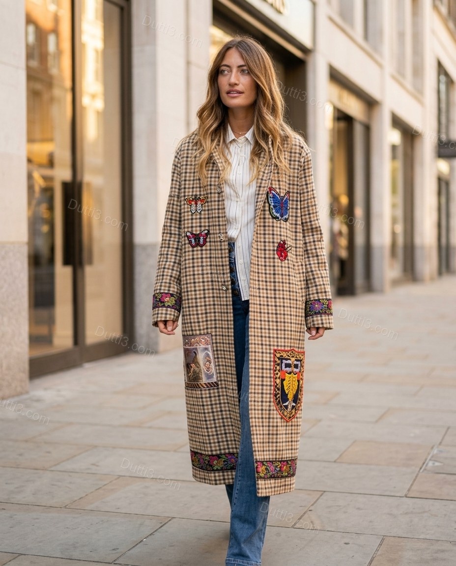 Brown Plaid Embroidered Coat, alternate use-case lifestyle view, by Dutti3