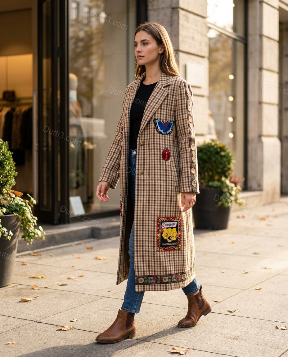 Brown Plaid Embroidered Coat, movement and fit lifestyle view, by Dutti3