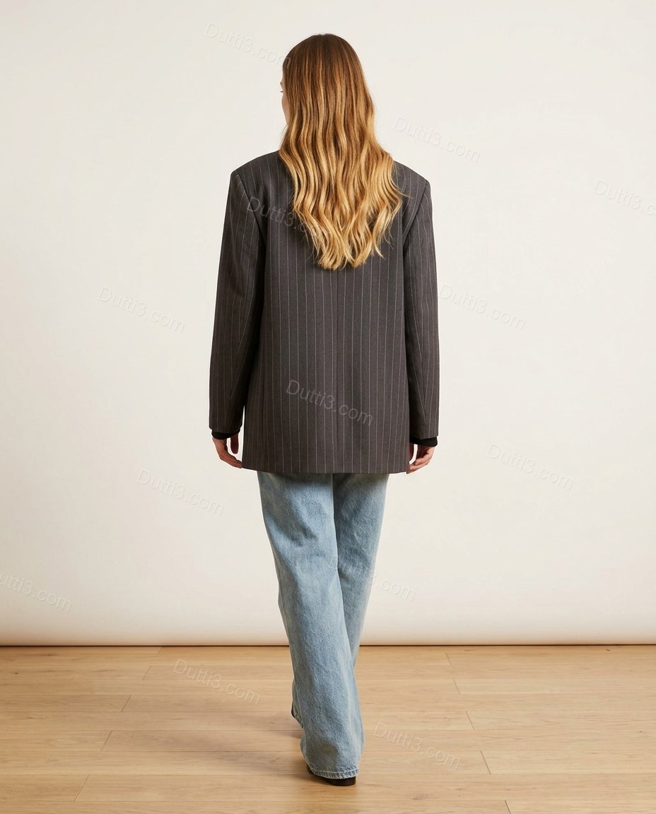 Charcoal Striped Lace Blazer, back studio view showing straight back, pinstriped, no visible vents, by Dutti3