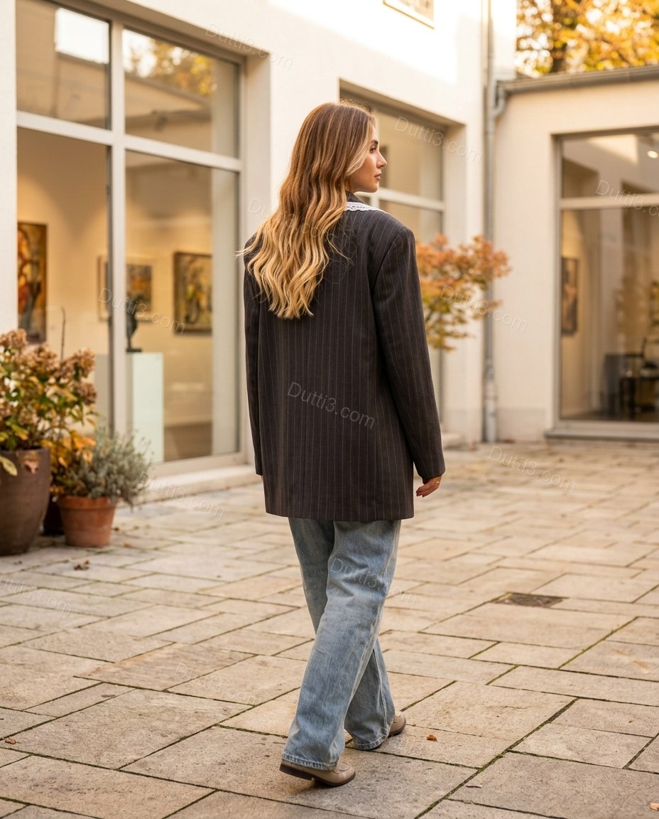 Charcoal Striped Lace Blazer, alternate use-case lifestyle view, by Dutti3