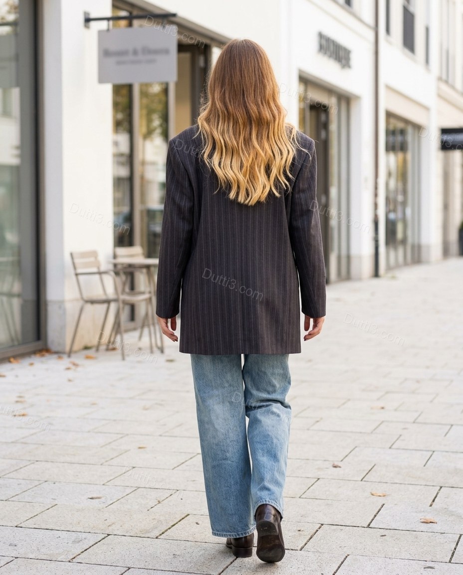 Charcoal Striped Lace Blazer, walking lifestyle view, by Dutti3
