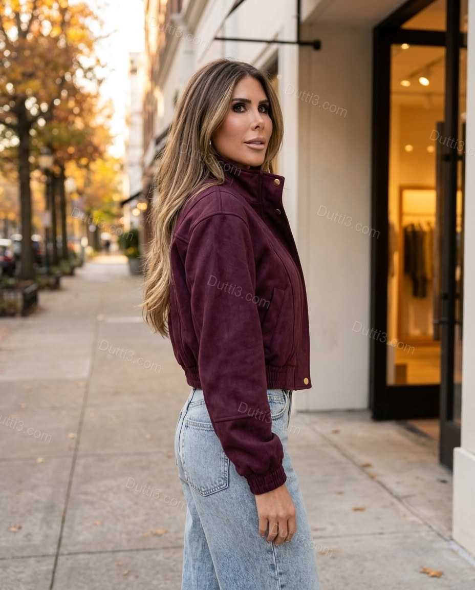 Burgundy Jacket, three-quarter brand lifestyle view, by Dutti3