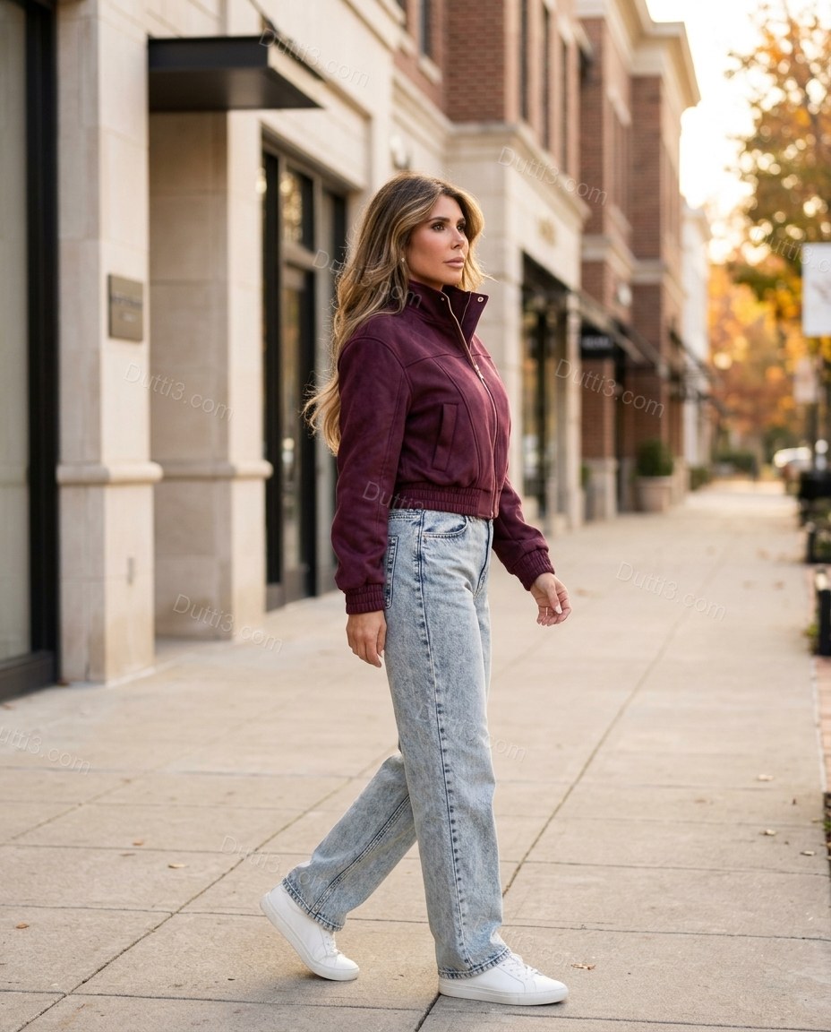 Burgundy Jacket, movement and fit lifestyle view, by Dutti3