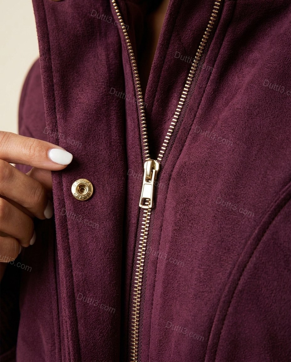 Burgundy Jacket, close-up of gold accents, front zipper closure and snap buttons, by Dutti3
