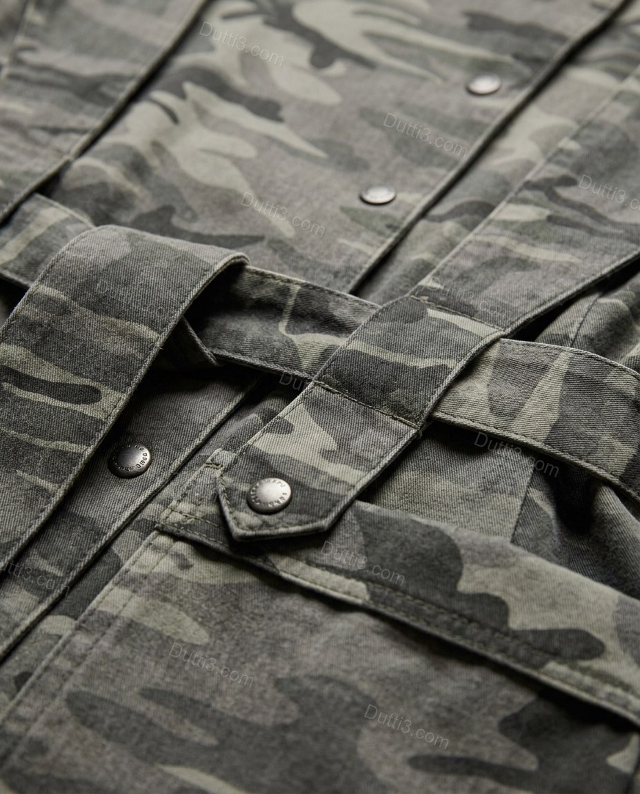 Green Jacket, close-up of gray and black accents, front snap button closure and adjustable belted waist, by Dutti3