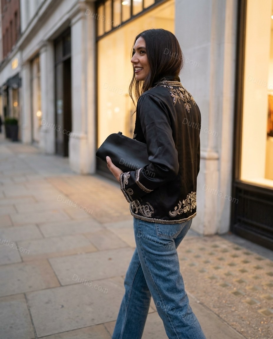 Black Floral Embroidered Velvet Jacket, movement and fit lifestyle view, by Dutti3