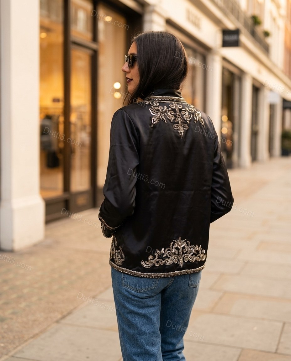 Black Floral Embroidered Velvet Jacket, alternate use-case lifestyle view, by Dutti3