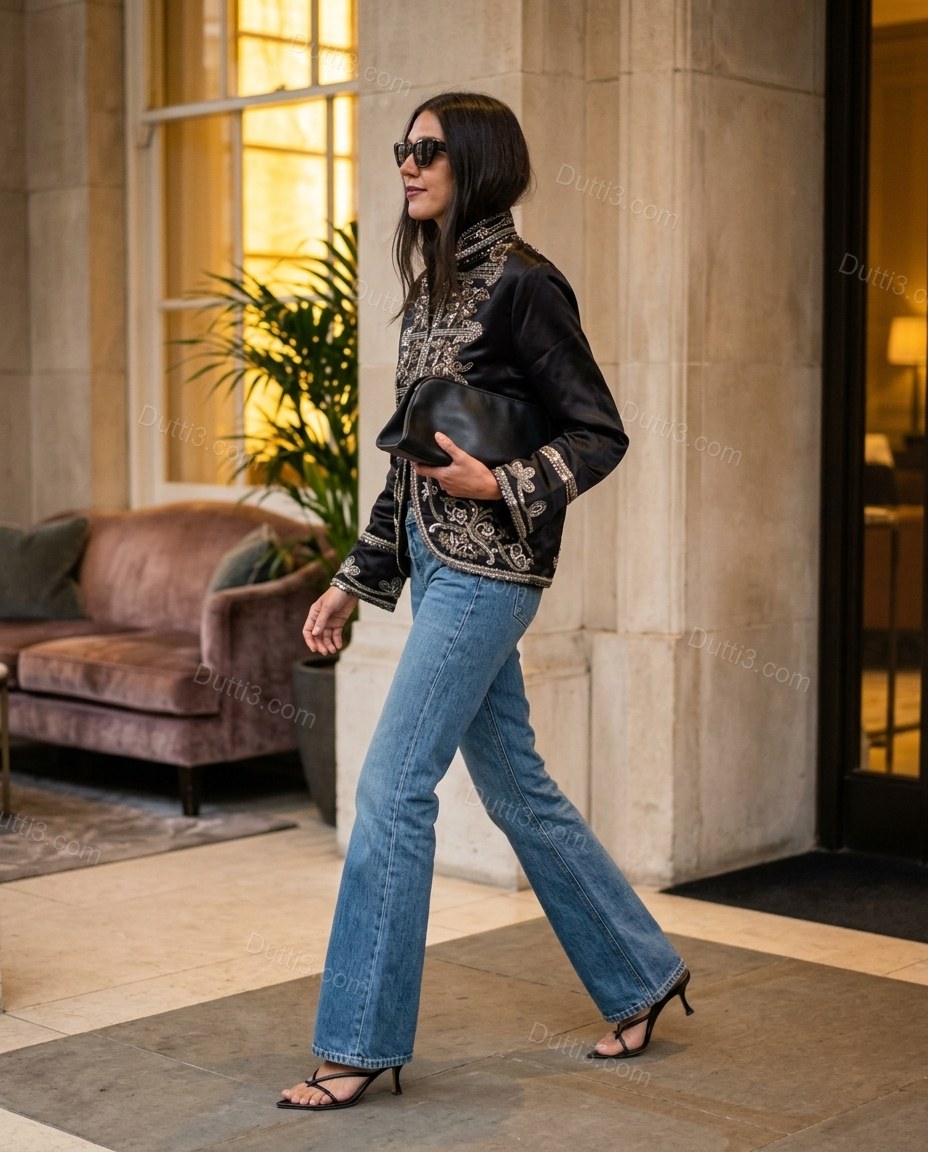 Black Floral Embroidered Velvet Jacket, walking lifestyle view, by Dutti3