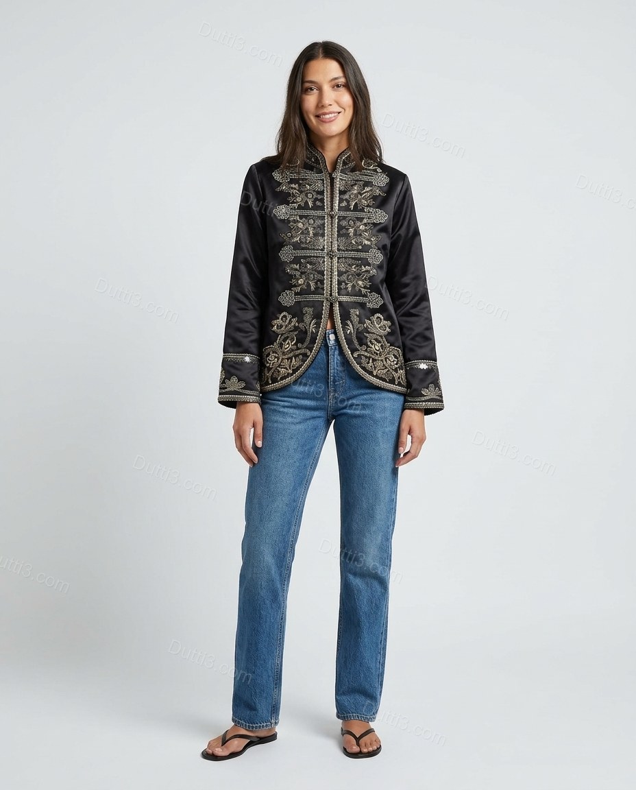 Black Floral Embroidered Velvet Jacket, front studio view, by Dutti3