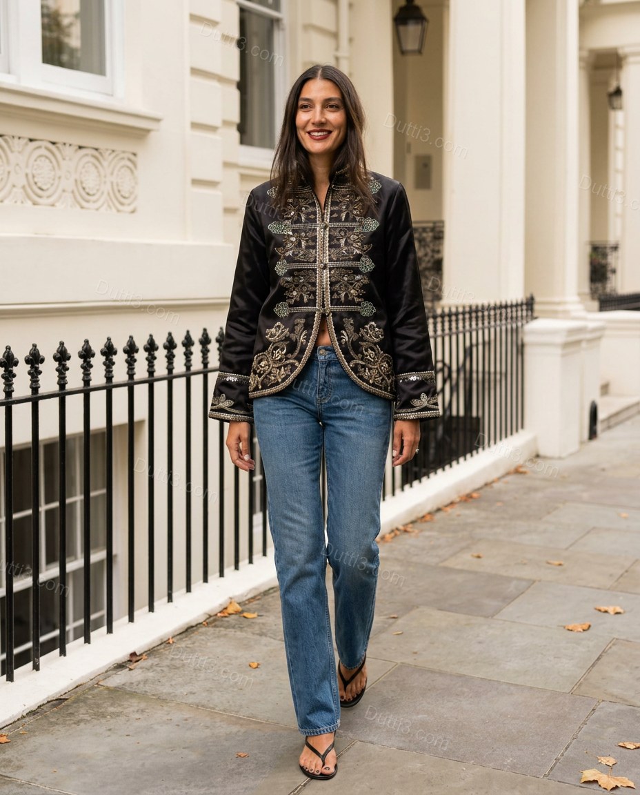 Black Floral Embroidered Velvet Jacket, full-length hero view, by Dutti3