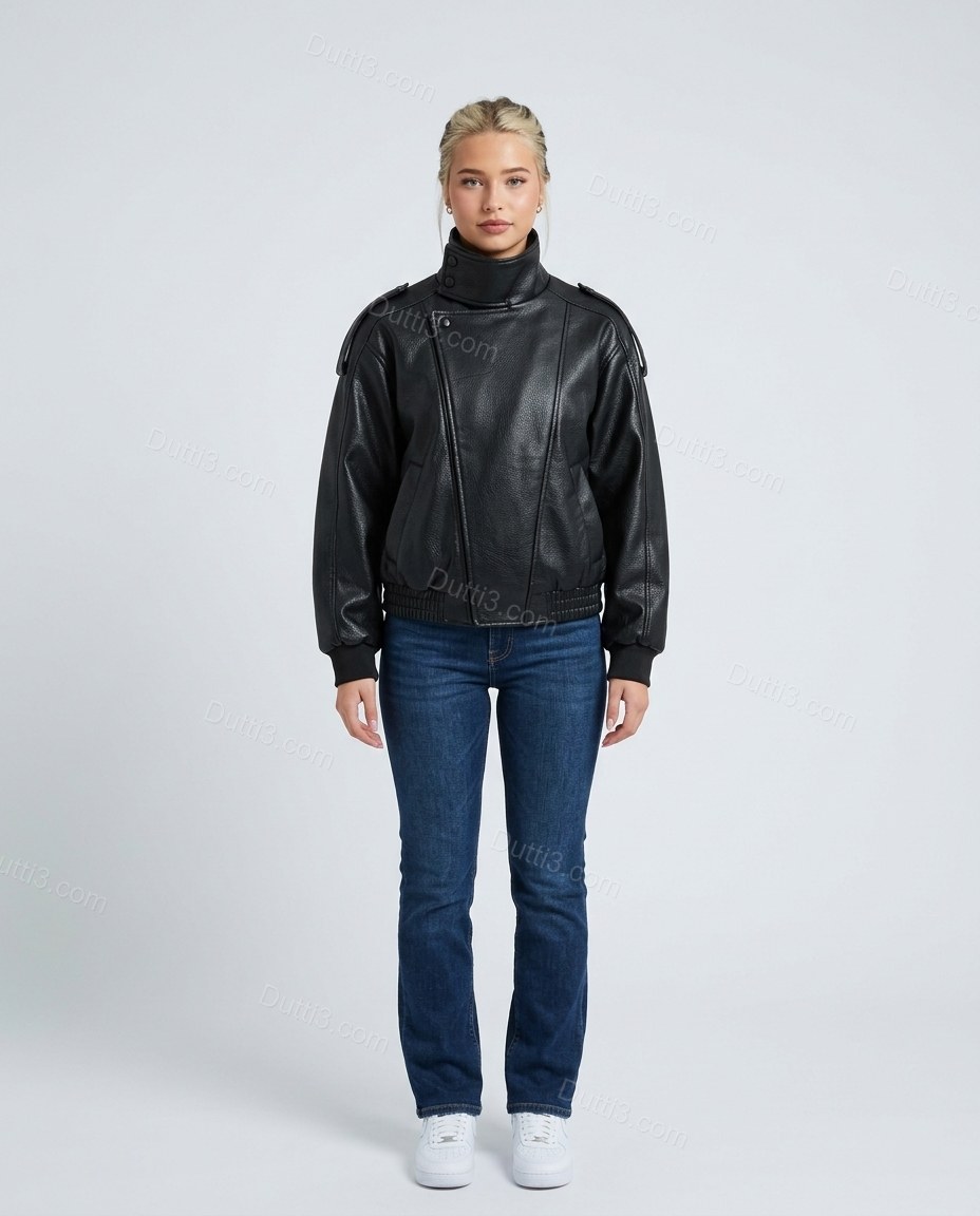 Black Asymmetric Jacket, front studio view, by Dutti3