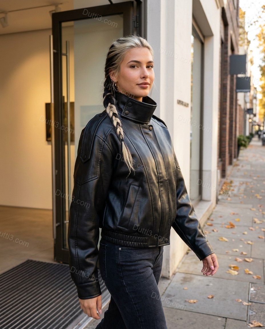 Black Asymmetric Jacket, alternate use-case lifestyle view, by Dutti3
