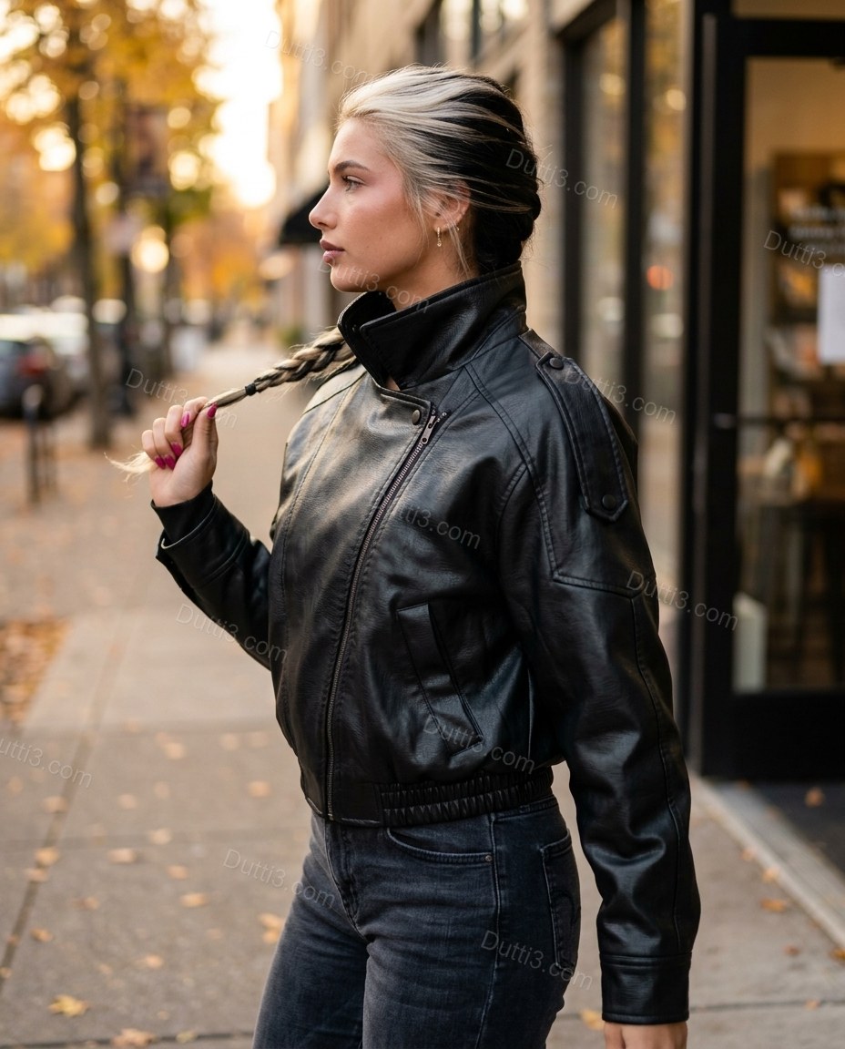 Black Asymmetric Jacket, walking lifestyle view, by Dutti3