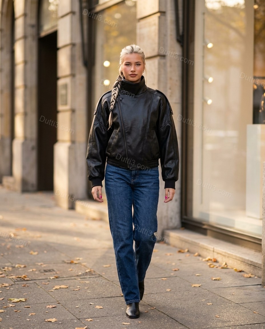 Black Asymmetric Jacket, three-quarter brand lifestyle view, by Dutti3