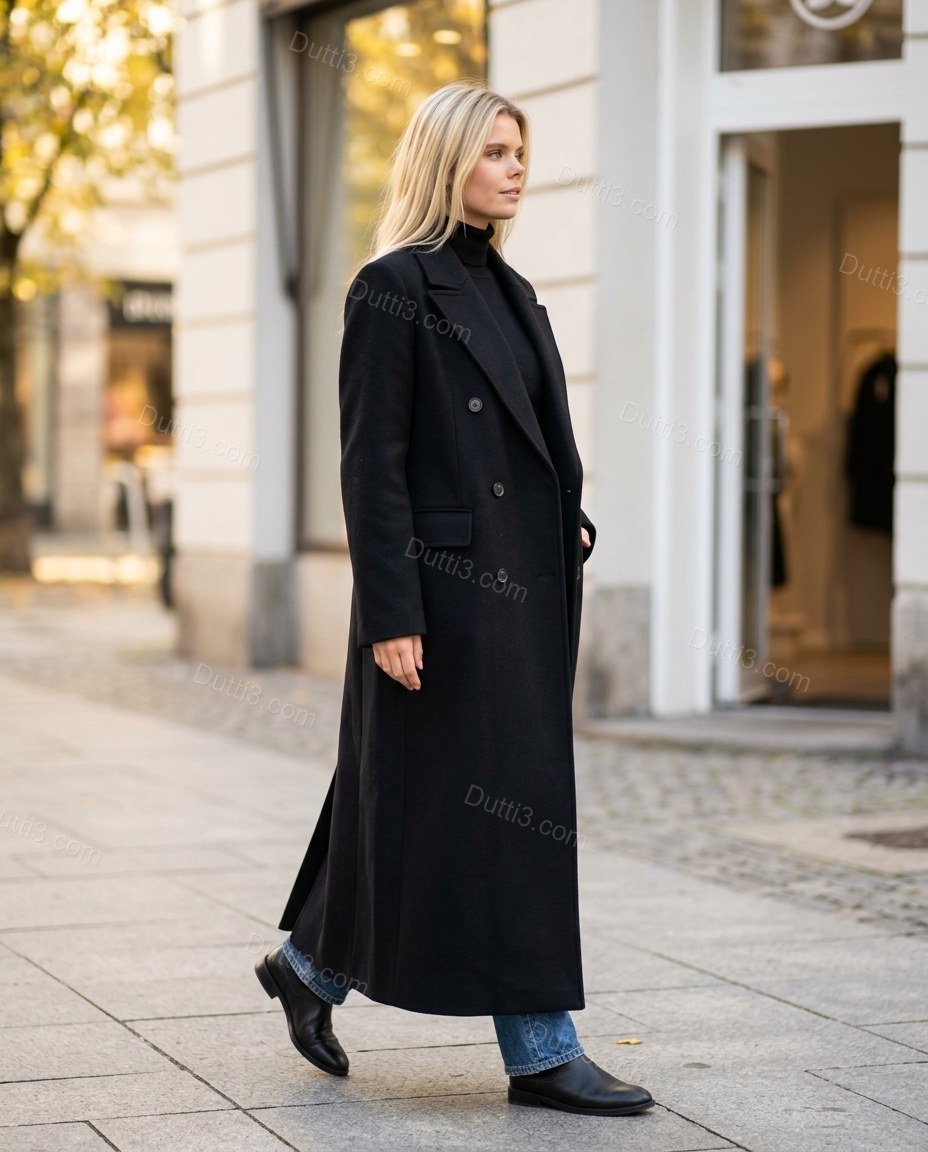 Black Coat, walking lifestyle view, by Dutti3