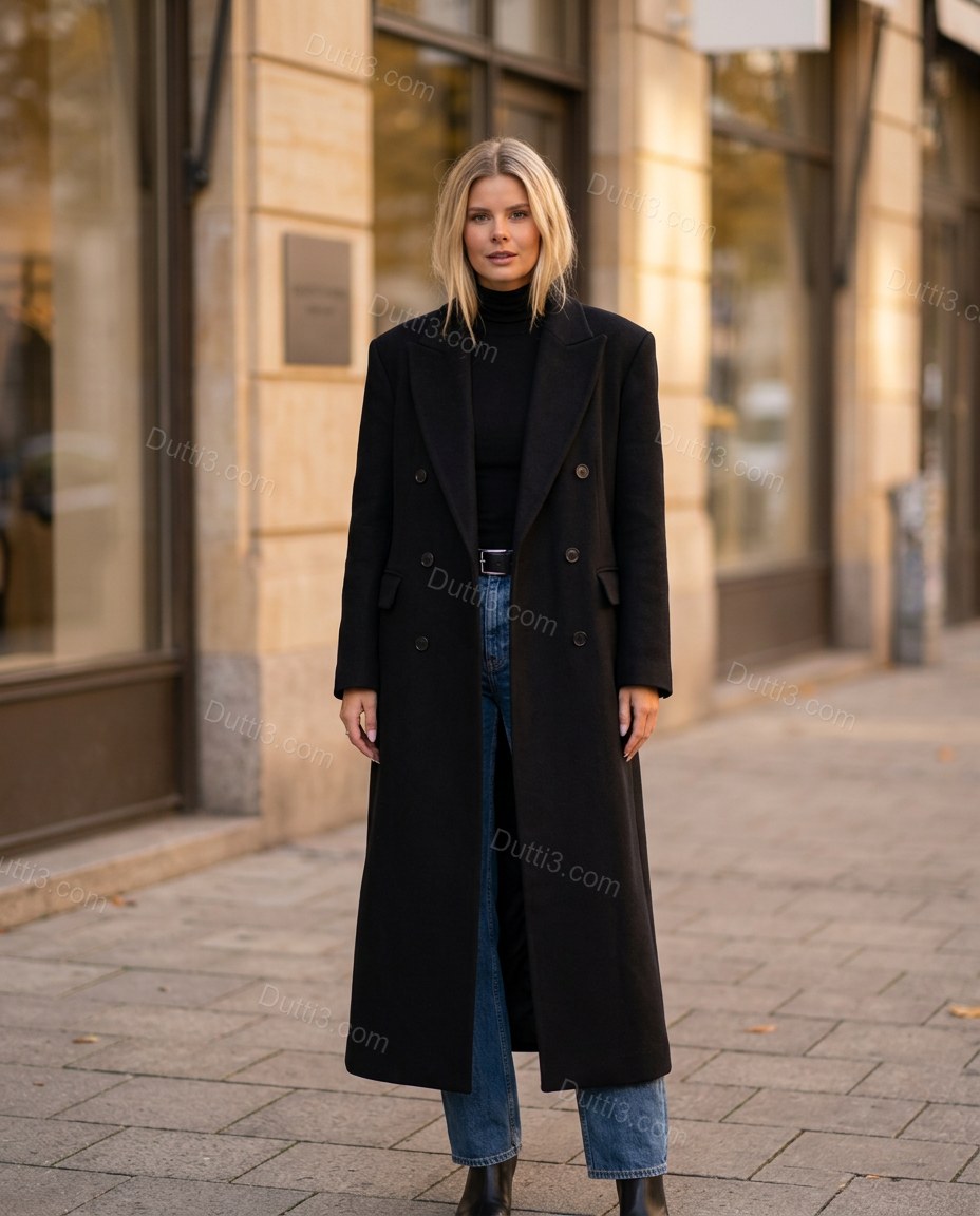 Black Coat, three-quarter brand lifestyle view, by Dutti3