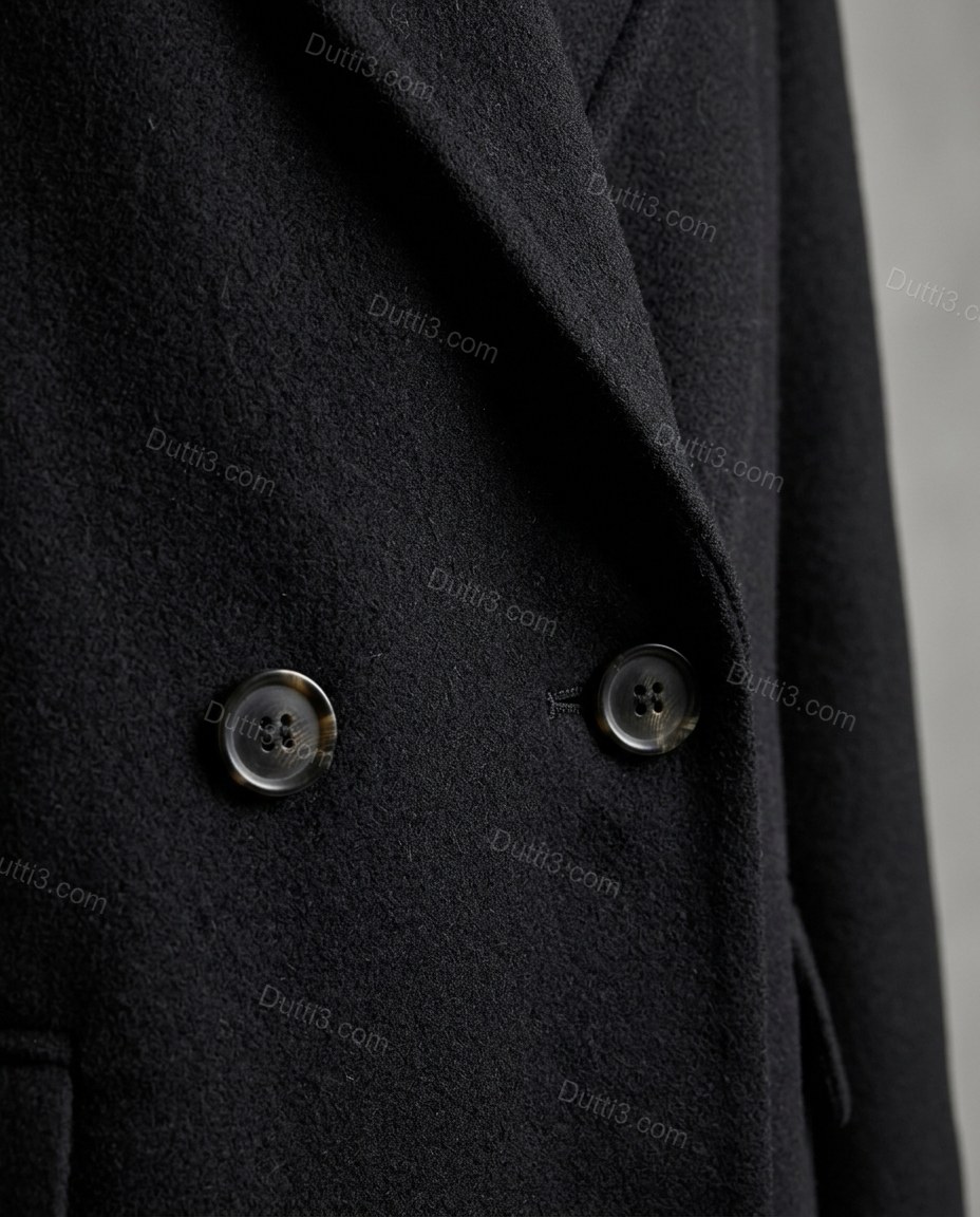 Black Coat, close-up of double-breasted, notched lapels and flap pockets, by Dutti3