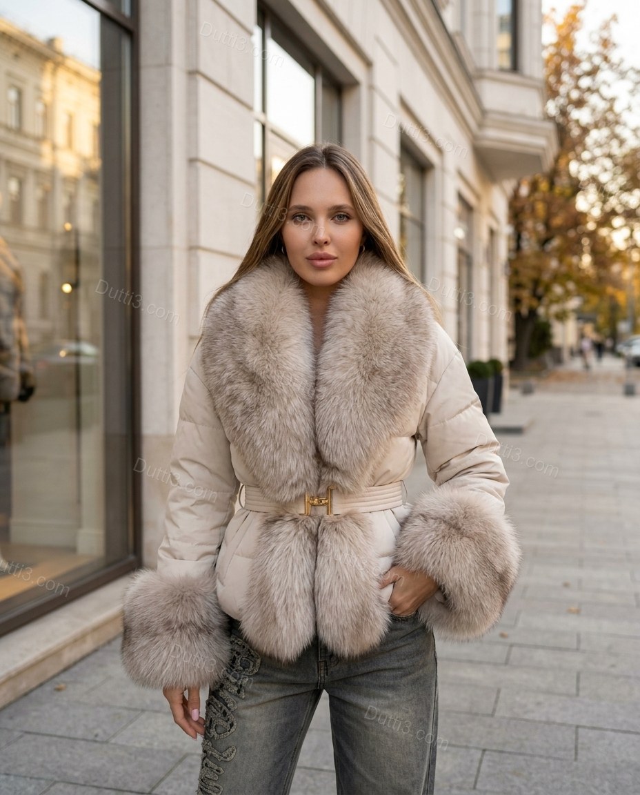 Beige Faux-Fur Jacket, three-quarter brand lifestyle view, by Dutti3