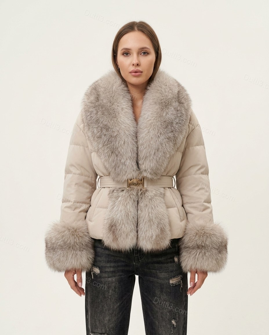 Beige Faux-Fur Jacket, front studio view, by Dutti3
