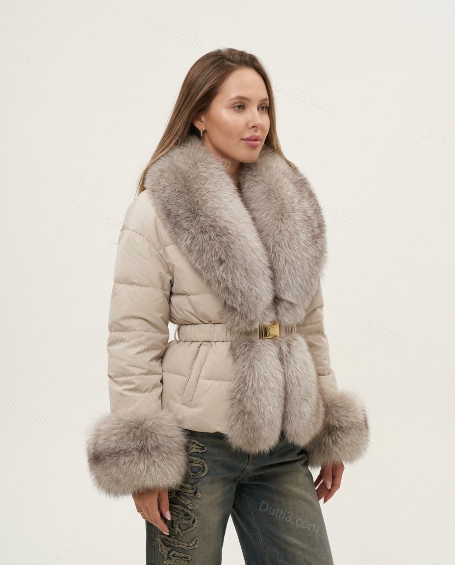 Beige Faux-Fur Jacket, side and back studio view, by Dutti3