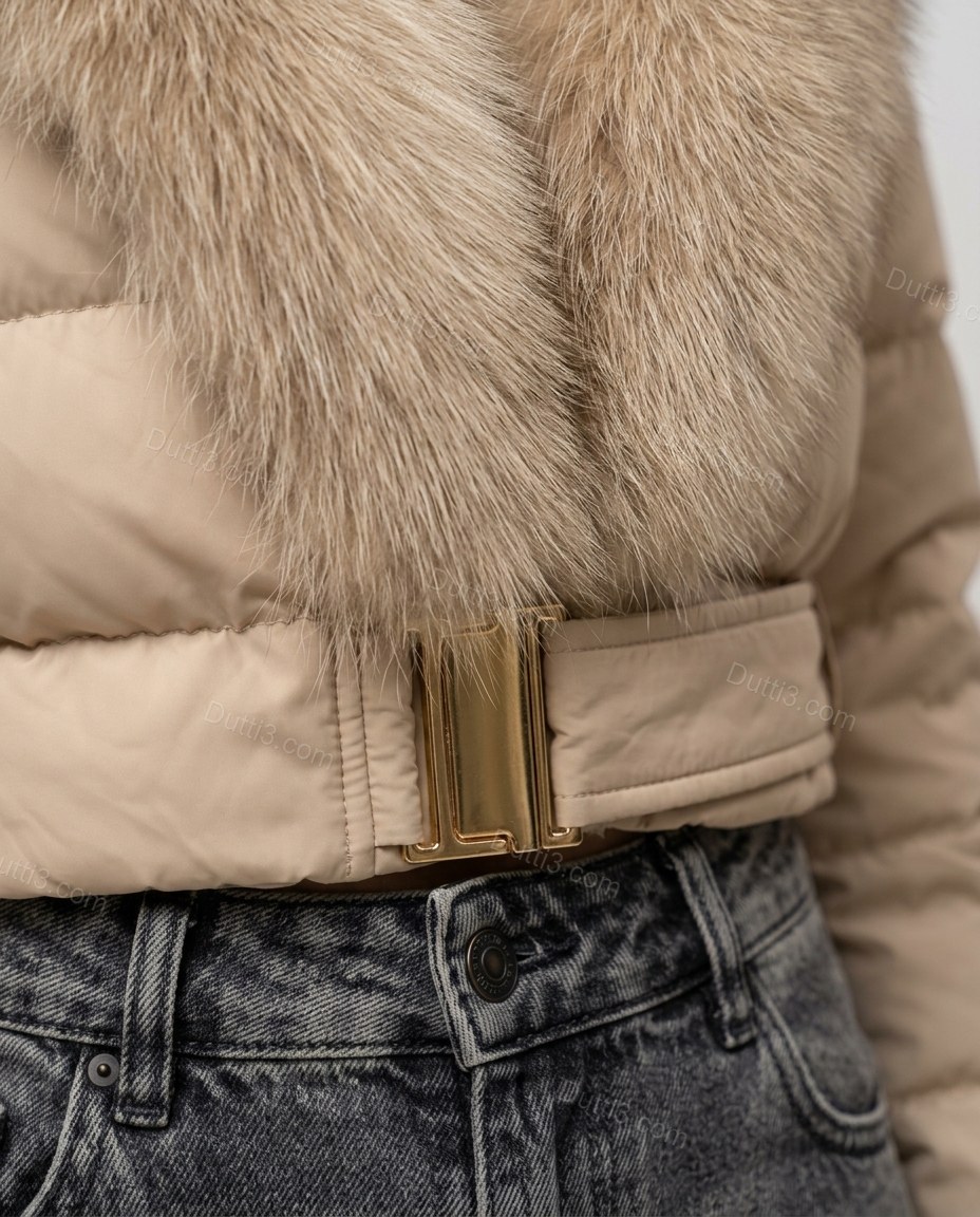 Beige Faux-Fur Jacket, close-up of grey and gold accents, gold-tone buckle and wide fur collar, by Dutti3