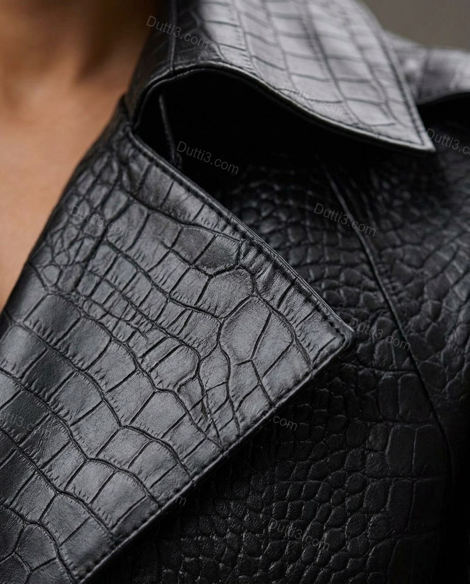 Black Jacket, close-up of belted waist, notched lapels and puff sleeves, by Dutti3