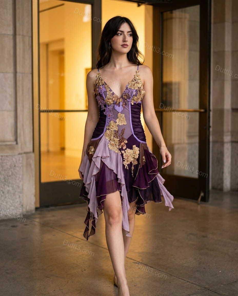Dark Purple Floral Mini Embroidered Dress, movement and fit lifestyle view, by Dutti3