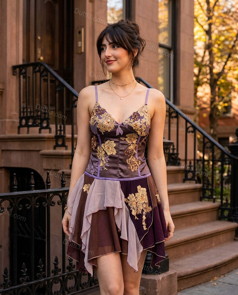 Dark Purple Floral Mini Embroidered Dress, walking lifestyle view, by Dutti3