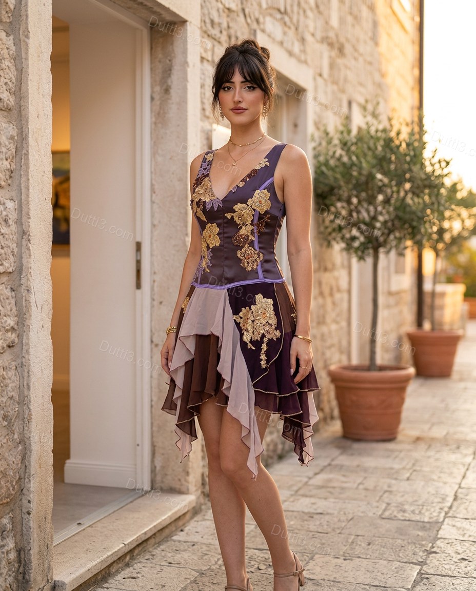 Dark Purple Floral Mini Embroidered Dress, alternate use-case lifestyle view, by Dutti3