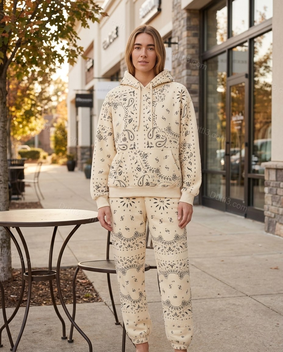 Cream Paisley Knit Ribbed Pants Set, three-quarter brand lifestyle view, by Dutti3