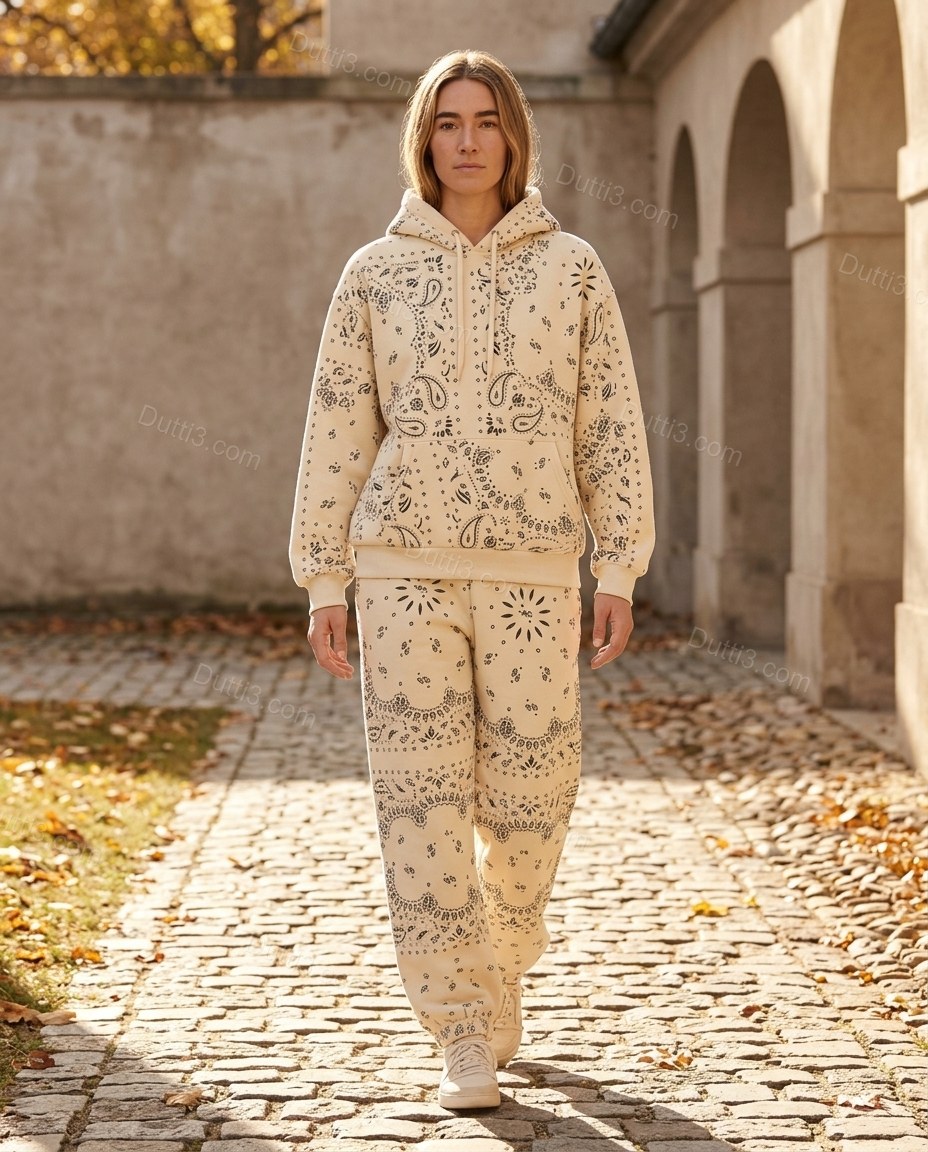 Cream Paisley Knit Ribbed Pants Set, movement and fit lifestyle view, by Dutti3