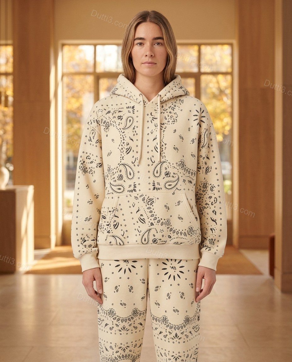 Cream Paisley Knit Ribbed Pants Set, full-length hero view, by Dutti3