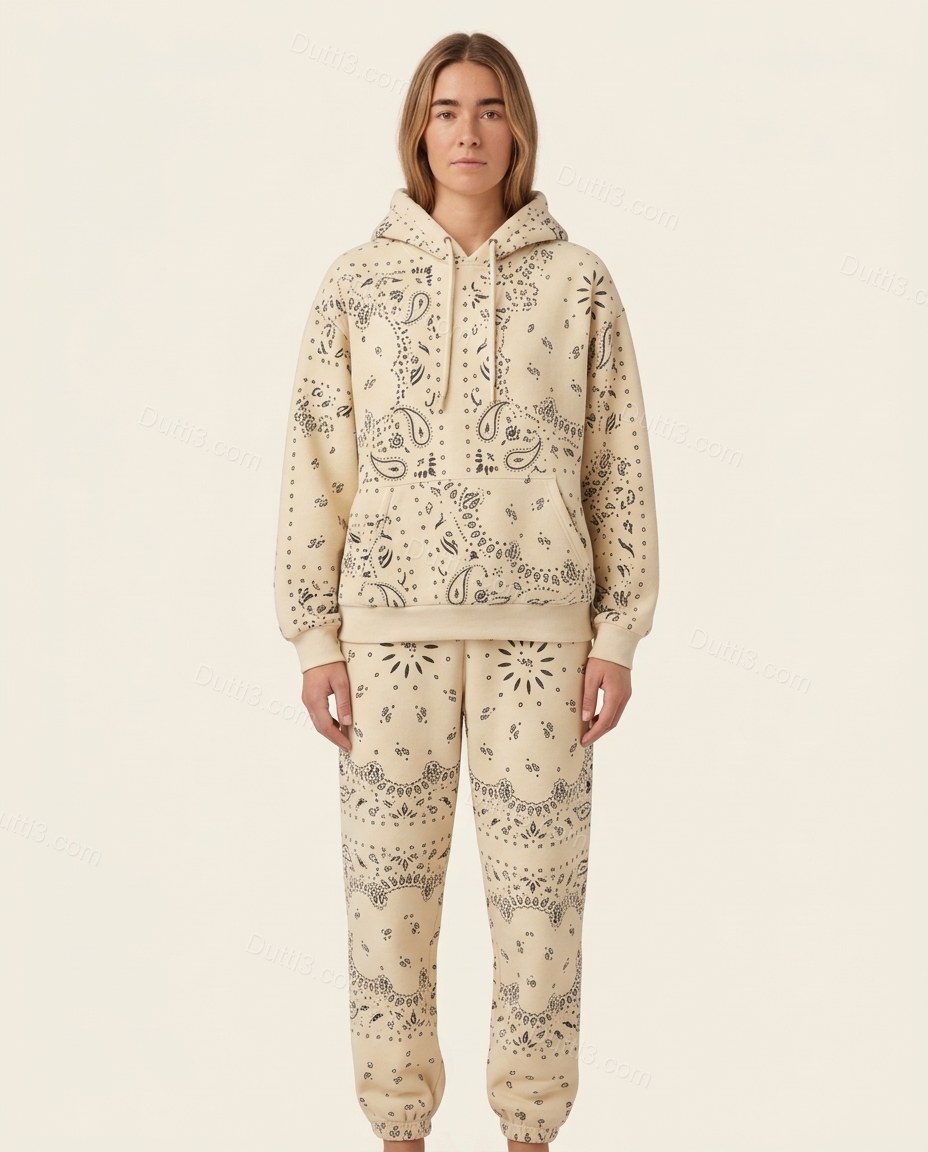 Cream Paisley Knit Ribbed Pants Set, front studio view, by Dutti3