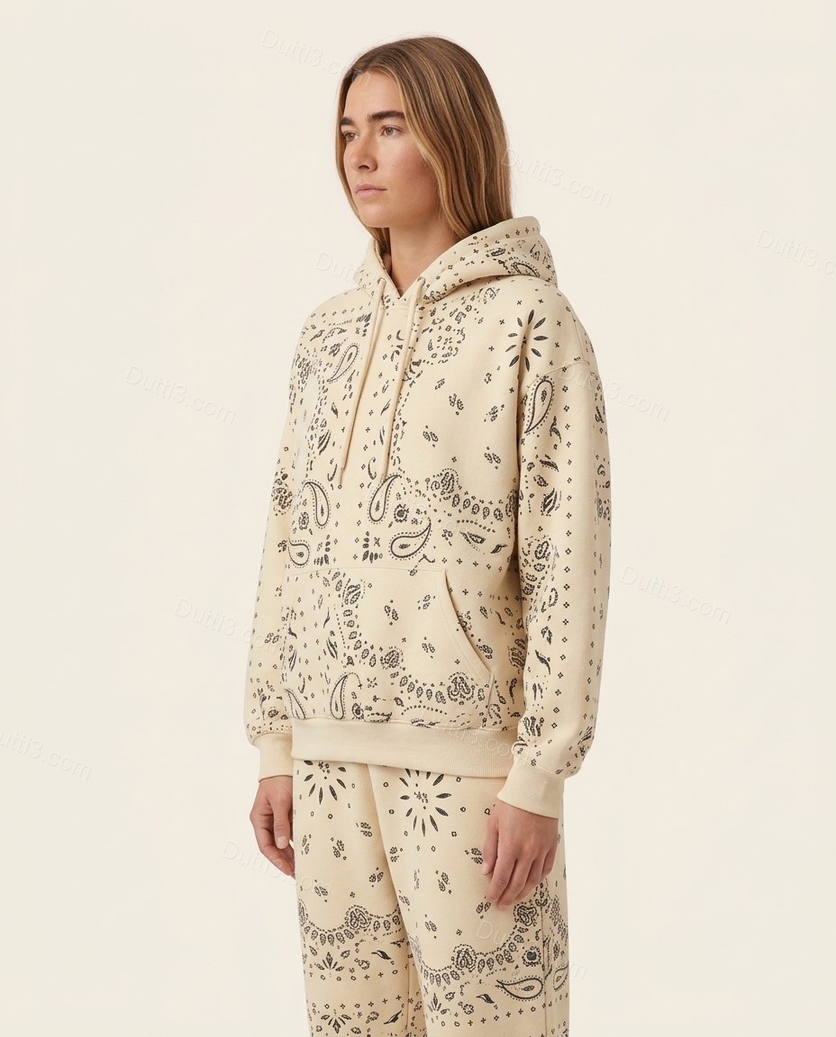 Cream Paisley Knit Ribbed Pants Set, side and back studio view, by Dutti3