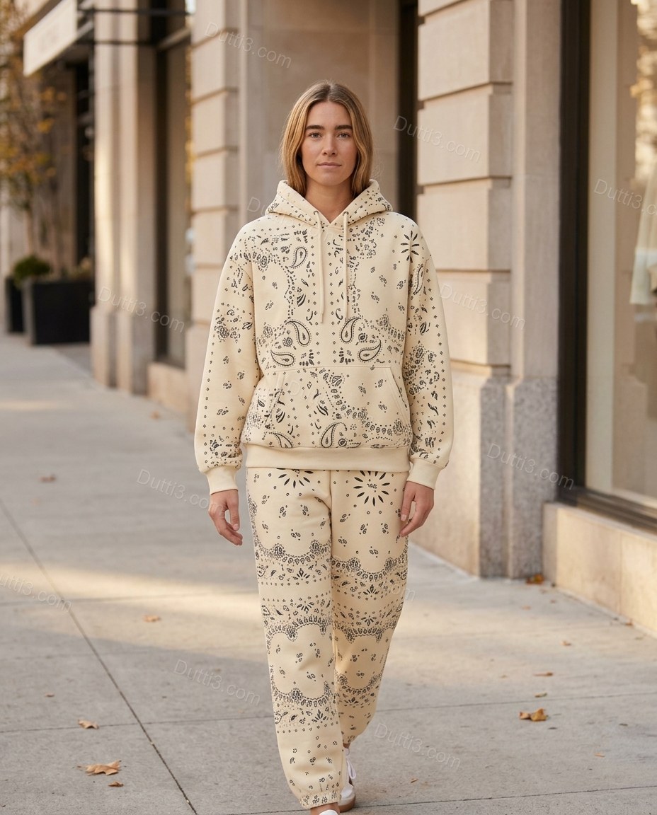 Cream Paisley Knit Ribbed Pants Set, walking lifestyle view, by Dutti3
