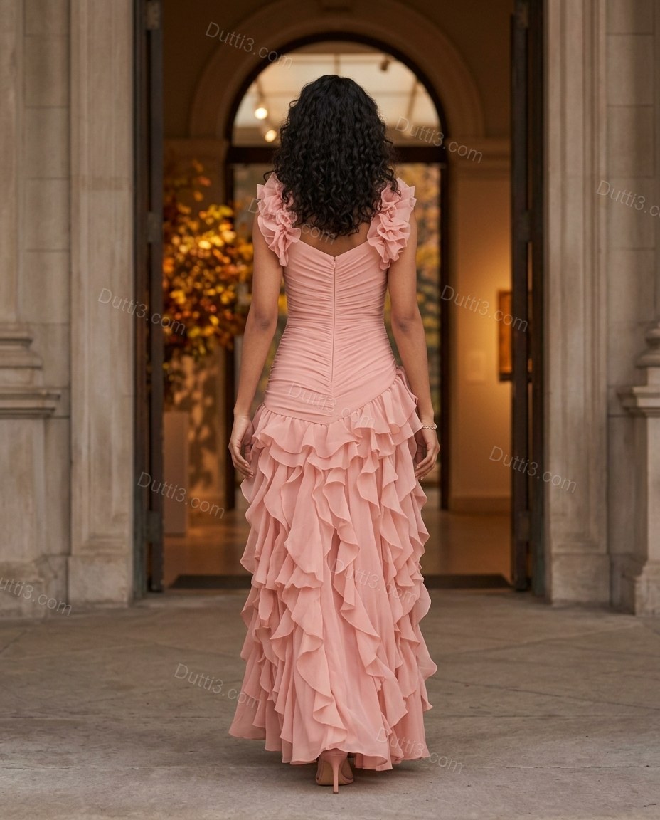 Blush Pink Maxi Ruffled Chiffon Dress, movement and fit lifestyle view, by Dutti3