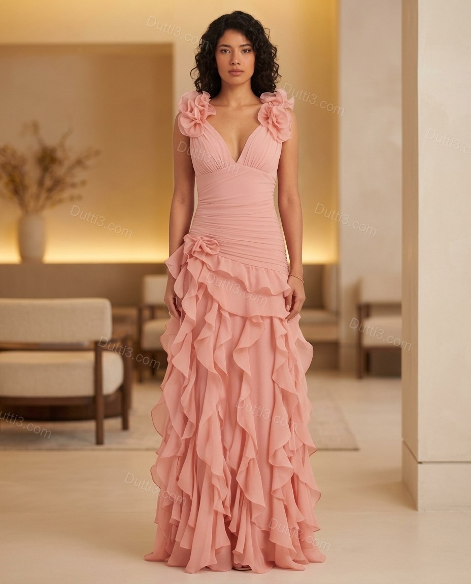 Blush Pink Maxi Ruffled Chiffon Dress, full-length hero view, by Dutti3