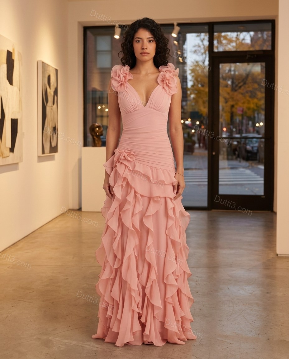 Blush Pink Maxi Ruffled Chiffon Dress, three-quarter brand lifestyle view, by Dutti3