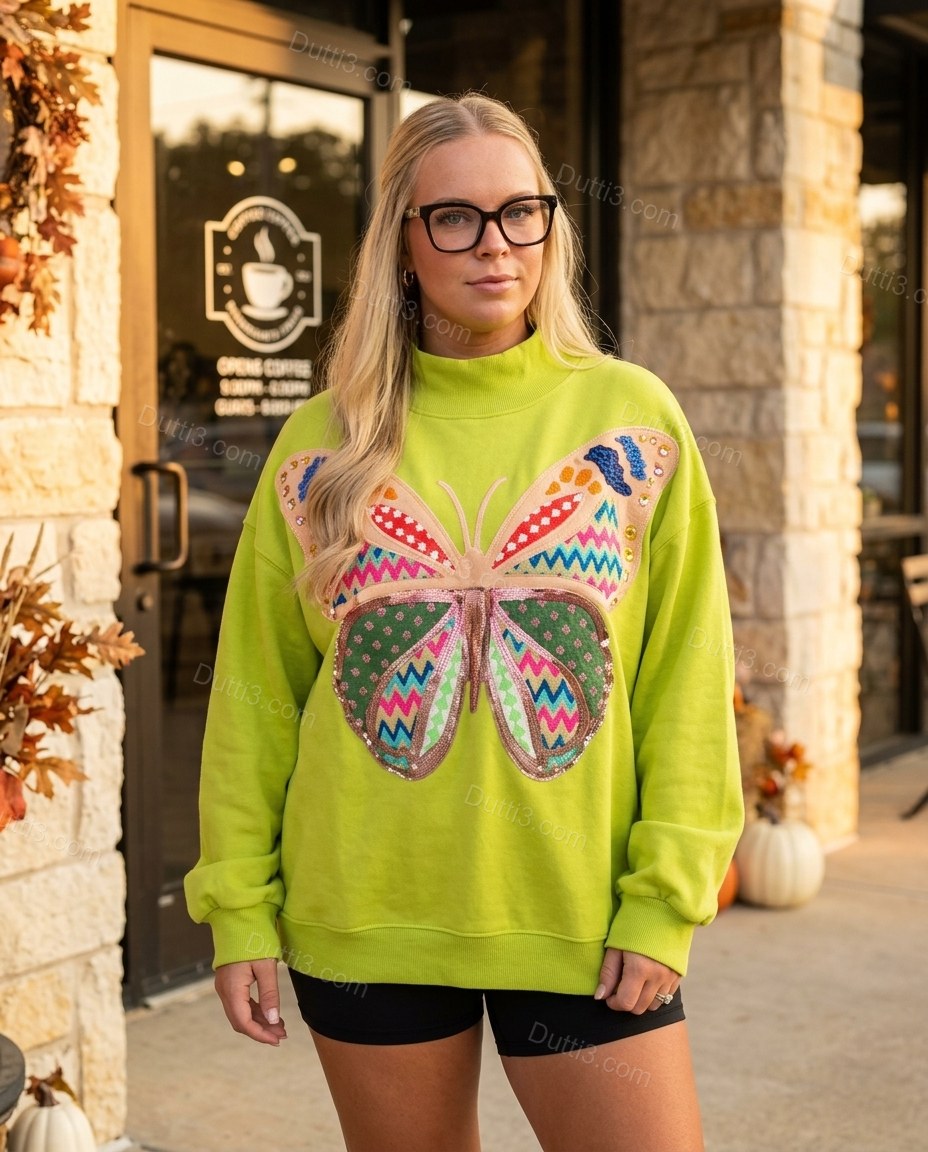 Lime Green Knit Ribbed Top, three-quarter brand lifestyle view, by Dutti3