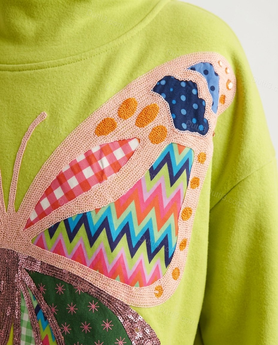 Lime Green Knit Ribbed Top, close-up of pink and orange accents, ribbed cuffs and ribbed hem, by Dutti3