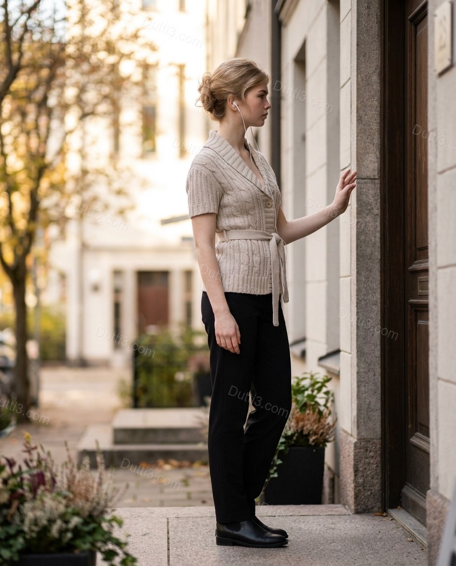 Beige Knit Ribbed Cardigan, three-quarter brand lifestyle view, by Dutti3