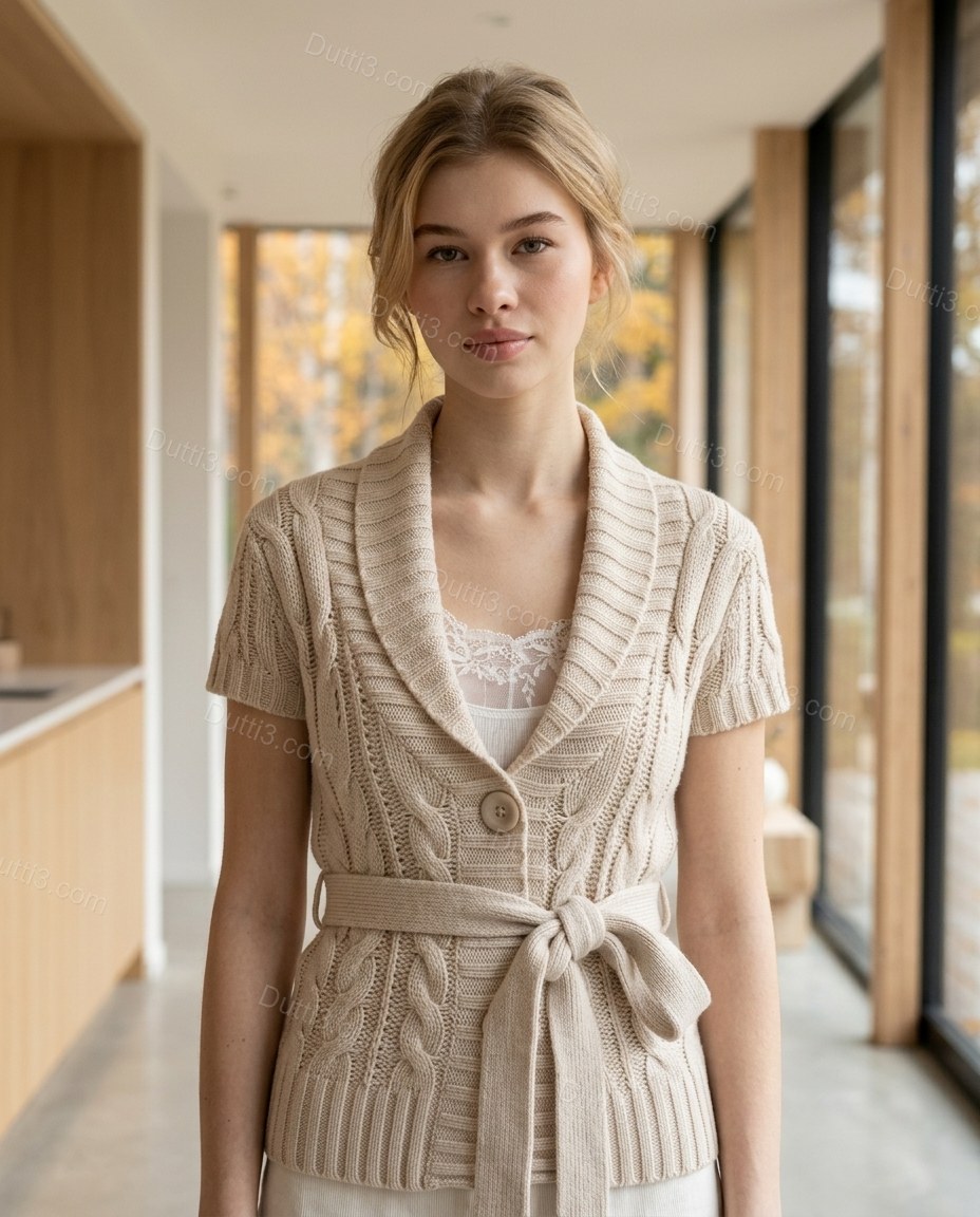 Beige Knit Ribbed Cardigan, full-length hero view, by Dutti3