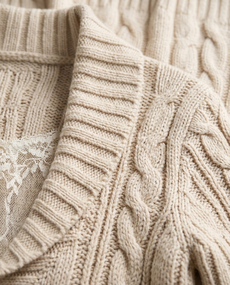 Beige Knit Ribbed Cardigan, close-up of shawl collar, button closure and self-tie belt, by Dutti3