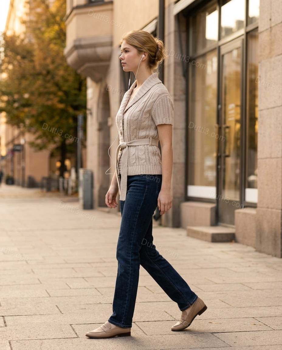 Beige Knit Ribbed Cardigan, walking lifestyle view, by Dutti3